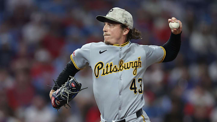 May 16, 2025; Philadelphia, Pennsylvania, USA; Pittsburgh Pirates pitcher Ryan Borucki (43) pitches during the seventh inning against the Philadelphia Phillies at Citizens Bank Park. Mandatory Credit: Bill Streicher-Imagn Images