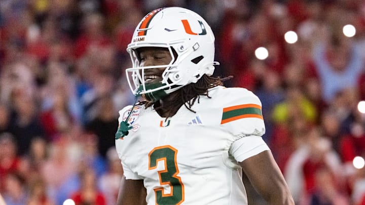 Jan 8, 2026; Glendale, AZ, USA; Miami Hurricanes wide receiver Joshua Moore (3) against the Mississippi Rebels during the 2026 Fiesta Bowl and semifinal game of the College Football Playoff at State Farm Stadium. Mandatory Credit: Mark J. Rebilas-Imagn Images