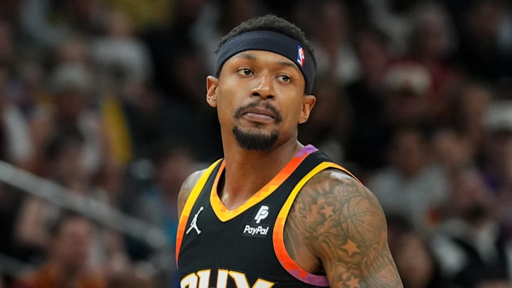 Apr 3, 2024; Phoenix, Arizona, USA; Phoenix Suns guard Bradley Beal (3) looks on against the Cleveland Cavaliers during the first half at Footprint Center. Mandatory Credit: Joe Camporeale-Imagn Images Apr 3, 2024; Phoenix, Arizona, USA; Phoenix Suns guard Bradley Beal (3) looks on against the Cleveland Cavaliers during the first half at Footprint Center. Mandatory Credit: Joe Camporeale-Imagn Images