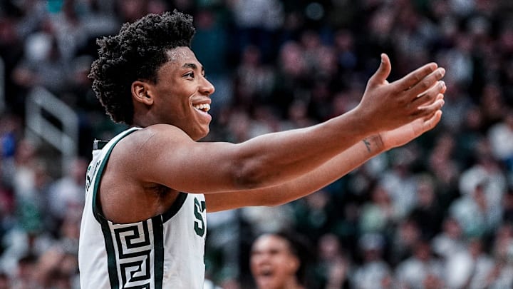 Michigan State guard Jeremy Fears Jr. (1) reacts to a play against Indiana during the second half at Breslin Center in East Lansing on Tuesday, Jan. 13, 2026. Michigan State guard Jeremy Fears Jr. (1) reacts to a play against Indiana during the second half at Breslin Center in East Lansing on Tuesday, Jan. 13, 2026.