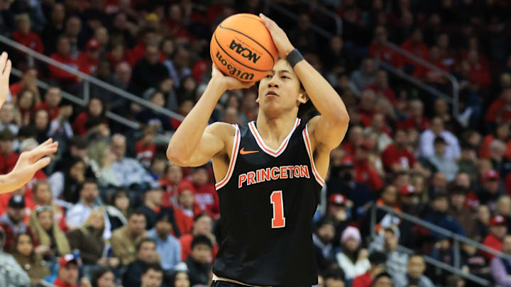Dec 21, 2024; Newark, New Jersey, USA; Princeton Tigers guard Xaivian Lee (1) shoots the ball against the Rutgers Scarlet Knights during the second half at Prudential Center. Mandatory Credit: Tom Horak-Imagn Images
