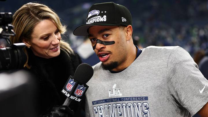 Seattle Seahawks wide receiver Jaxon Smith-Njigba (11) is interviewed after defeating the Los Angeles Rams. Seattle Seahawks wide receiver Jaxon Smith-Njigba (11) is interviewed after defeating the Los Angeles Rams.