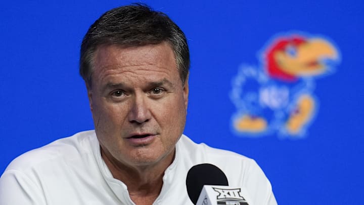 Oct 23, 2024; Kansas City, MO, USA; Kansas Jayhawks head coach Bill Self talks to media during the Big 12 Men’s Basketball Media Day at T-Mobile Center. Mandatory Credit: Jay Biggerstaff-Imagn Images