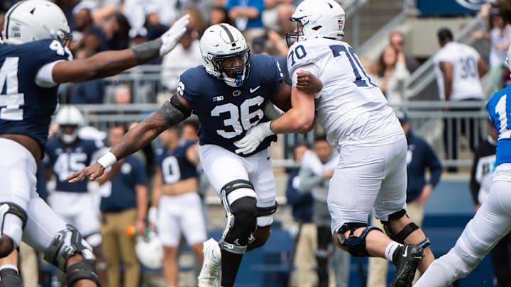 Penn State veteran defensive end Zuriah Fisher during the Blue-White game at Beaver Stadium
