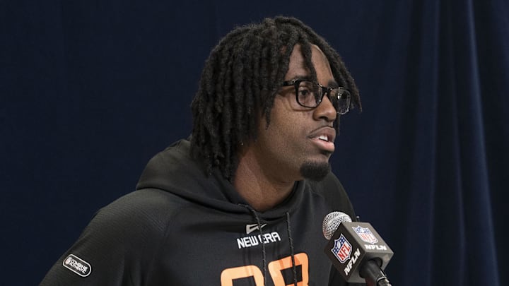 Feb 28, 2025; Indianapolis, IN, USA; Utah State wideout Jalen Royals (WO38) talks to the press during the 2025 NFL Combine at Indiana Convention Center. Mandatory Credit: Stephanie Amador Blondet-Imagn Images