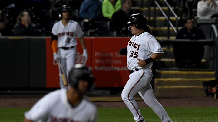Shorebirds' Creed Willems (35) runs home against the Cannon Ballers Tuesday, April 11, 2023, at Perdue Stadium in Salisbury, Maryland. The Shorebirds defeated the Cannon Ballers 7-2.

Bbm Delmarva Shorebirds Kannapolis Cannon Ballers