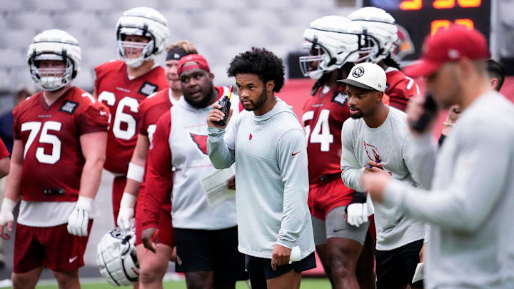 Jul 27, 2023; Phoenix, AZ, USA; Arizona Cardinals quarterback Kyler Murray watches practice during