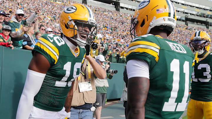 Green Bay Packers wide receiver Malik Heath (18) and Green Bay Packers wide receiver Jayden Reed (11) celebrate a touchdown against the Detroit Lions on Sunday, September 7, 2025, at Lambeau Field in Green Bay, Wis. The Packers defeated the Lions 27-13.
Wm. Glasheen USA TODAY NETWORK-Wisconsin