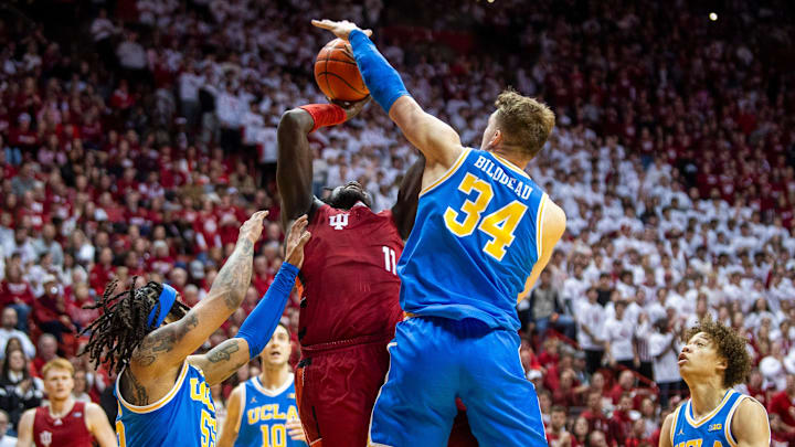 Indiana's Oumar Ballo (11) is blocked byUCLA's Tyler Bilodeau (34) during the Indiana versus UCLA men's basketball game at Simon Skjodt Assembly Hall on Friday, Feb. 14, 2025.