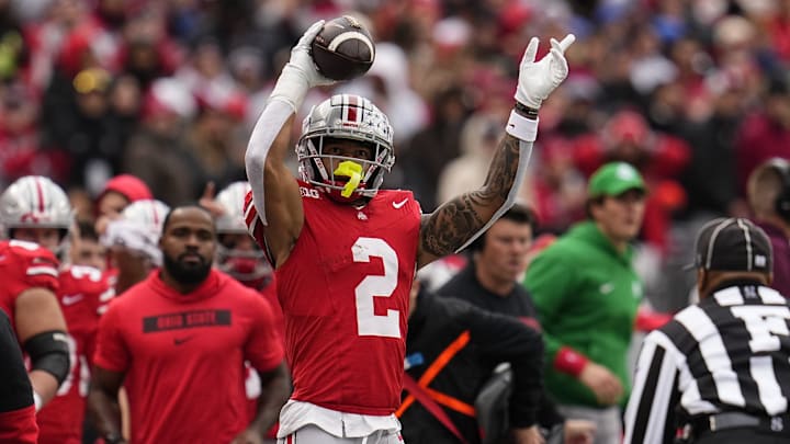 Ohio State Buckeyes wide receiver Emeka Egbuka (2) celebrates a first down catch during the second half of the NCAA football game against the Indiana Hoosiers at Ohio Stadium in Columbus on Saturday, Nov. 23, 2024. Ohio State won 38-15.