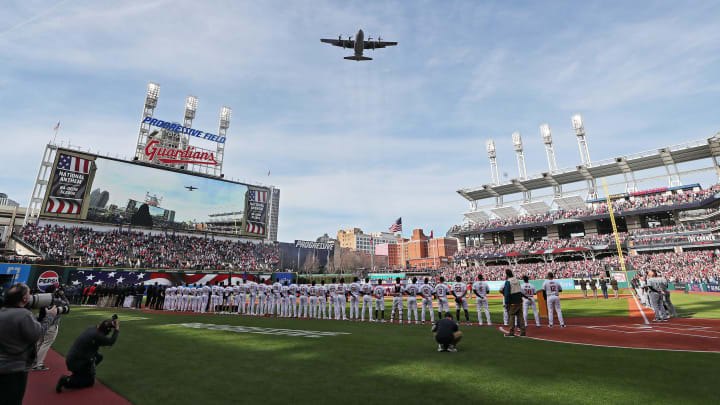 A C-130 Hercules flown by the 910th Airlift Wing out of the Youngstown Air Reserve Station flies over Progressive Field before the Cleveland Guardians’ home opener against the Chicago White Sox, Monday, April 8, 2024, in Cleveland, Ohio.