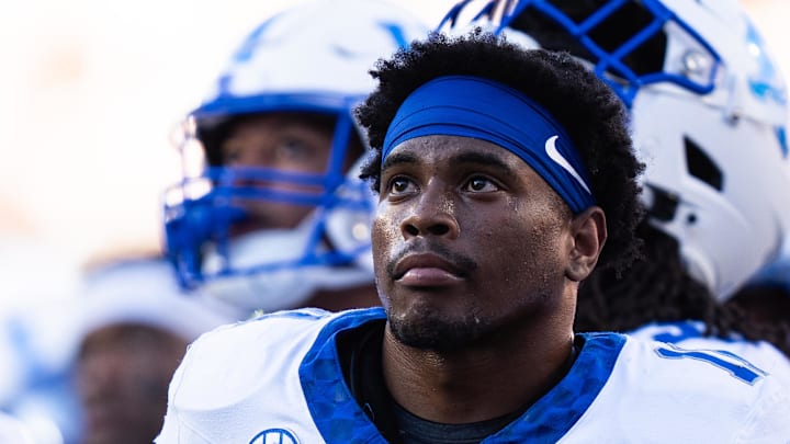 Kentucky Wildcats defensive back Zion Childress looks on during the review of a Texas Longhorns touchdown 