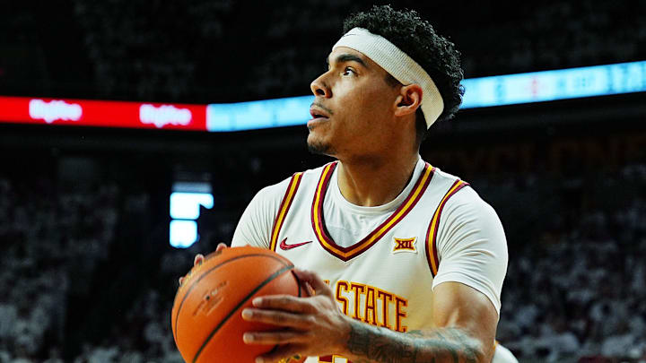 Iowa State Cyclones guard Tamin Lipsey (3) shoots the ball against Baylor during the first half in the Big-12 men’s basketball on Feb. 7, 2026, at Hilton Coliseum in Ames, Iowa