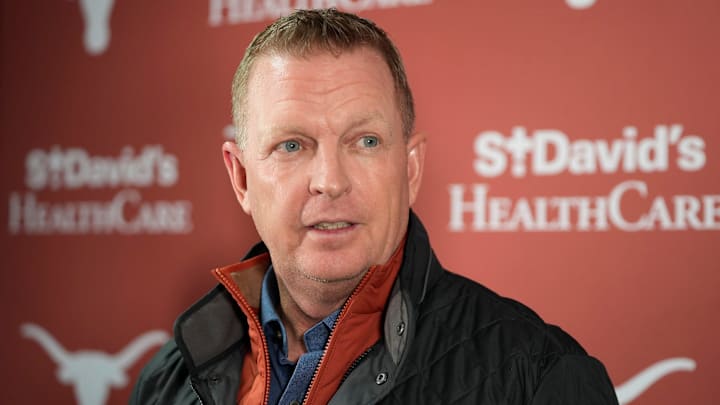 Texas Longhorns head coach Jim Schlossnagle speaks at a news conference at UFCU Disch-Falk Field Tuesday February 11, 2025.