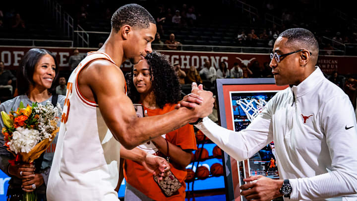Texas Longhorns head coach Rodney Terry greets Texas Longhorns forward Jayson Kent (25) during senior night celebrations ahead of the Longhorns' game against the Sooners at the Moody Center in Austin, March 8, 2025.