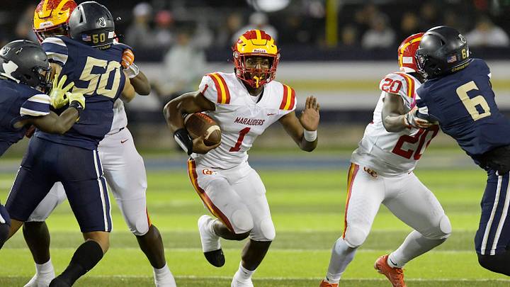 Clearwater Central Catholic's Quarterback Jershaun Newton (1) finds running room during early first quarter action. The Clearwater Central Catholic Marauders traveled to Jacksonville, FL to take on the University Christian Christians in the Florida High School Athletic Association Class 1M starts football semifinal match Friday, December 2, 2022. The Marauders came away with a 29 to 34 win over the Christians. Clearwater Central Catholic's Quarterback Jershaun Newton (1) finds running room during early first quarter action. The Clearwater Central Catholic Marauders traveled to Jacksonville, FL to take on the University Christian Christians in the Florida High School Athletic Association Class 1M starts football semifinal match Friday, December 2, 2022. The Marauders came away with a 29 to 34 win over the Christians.