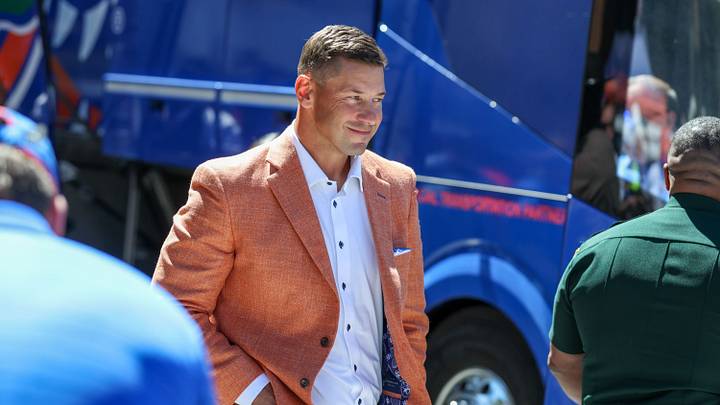 Florida head coach Jon Sumrall gets off the buss during gator walk before an NCAA football game against Mississippi at Steve Spurrier Field at Ben Hill Griffin Stadium in Gainesville, FL on Saturday, September 26, 2026. [Alan Youngblood/Gainesville Sun]