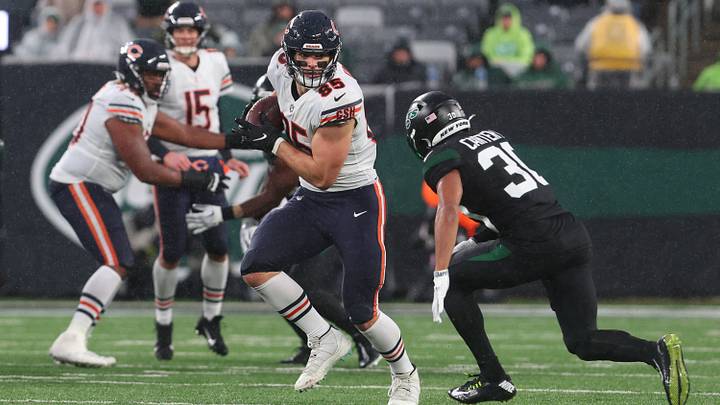 Cole Kmet catches a short pass and heads upfield against the New York Jets in the last Bears matchup between the teams. Cole Kmet catches a short pass and heads upfield against the New York Jets in the last Bears matchup between the teams.