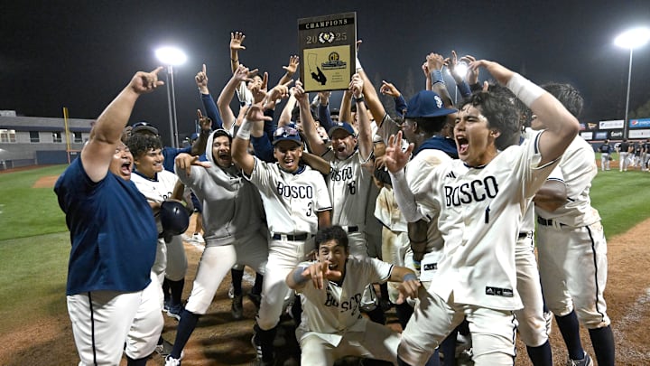 St. John Bosco celebrates its dramatic 3-2 walk-off victory over Santa Margarita in the CIF Southern Section Division 1 final at Cal State Fullerton on Friday, May 30, 2025.