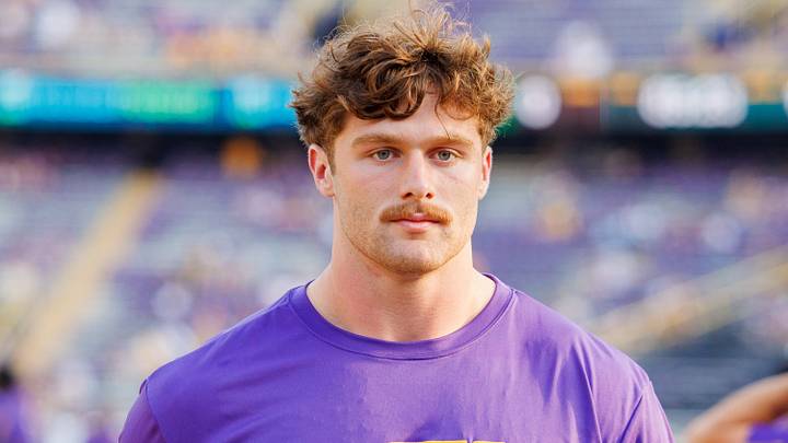 Sep 20, 2025; Baton Rouge, Louisiana, USA;  LSU Tigers defensive end Dylan Carpenter (97) during warmups before the game against the Southeastern Louisiana Lions at Tiger Stadium. Mandatory Credit: Stephen Lew-Imagn Images