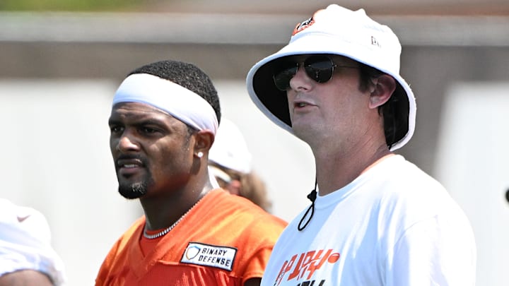 Aug 4, 2024; Cleveland Browns quarterback Deshaun Watson (4) and offensive coordinator Ken Dorsey during practice at the Browns training facility in Berea, Ohio. Mandatory Credit: Bob Donnan-Imagn Images Aug 4, 2024; Cleveland Browns quarterback Deshaun Watson (4) and offensive coordinator Ken Dorsey during practice at the Browns training facility in Berea, Ohio. Mandatory Credit: Bob Donnan-Imagn Images