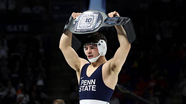 Mar 8, 2026; University Park, PA, USA; Penn State Nittany Lions PJ Duke celebrates with the championship belt after defeating Nebraska Cornhuskers Antrell Taylor (not pictured) in the 157-pound championship final of the Big Ten Wrestling Championships at Bryce Jordan Center. Mandatory Credit: Matthew O'Haren-Imagn Images