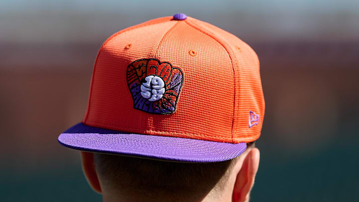A San Francisco Giants City Connect baseball hat is worn by San Francisco Giants catcher Patrick Bailey (14) before a game against the Kansas City Royals at Oracle Park. 