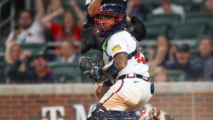 Apr 24, 2024; Atlanta, Georgia, USA; Atlanta Braves catcher Chadwick Tromp (45) reacts after tagging
