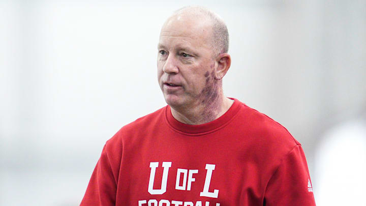 Louisville head football coach Jeff Brohm during Pro Day workout for NFL scouts Tuesday, March 25, 2025.