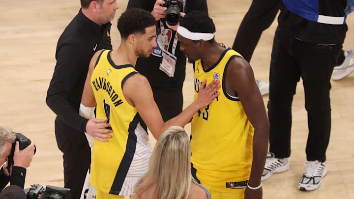 May 23, 2025; New York, New York, USA; Indiana Pacers guard Tyrese Haliburton (0) and forward Pascal Siakam (43) embrace May 23, 2025; New York, New York, USA; Indiana Pacers guard Tyrese Haliburton (0) and forward Pascal Siakam (43) embrace