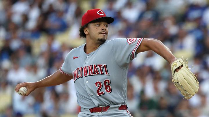 Sep 7, 2026; Los Angeles, California, USA;  Cincinnati Reds starting pitcher Chase Burns (26) throws a pitch against the Los Angeles Dodgers during the first inning at Dodger Stadium.  Mandatory Credit: Kiyoshi Mio-Imagn Images
