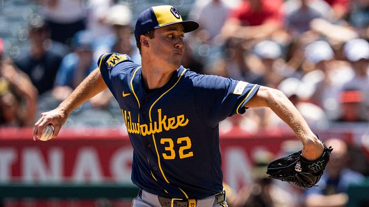 Aug 2, 2026; Anaheim, California, USA; Milwaukee Brewers pitcher Jacob Misiorowski (32) throws against the Los Angeles Angels in the first inning at Angel Stadium. Mandatory Credit: Jon Endow-Imagn Images Aug 2, 2026; Anaheim, California, USA; Milwaukee Brewers pitcher Jacob Misiorowski (32) throws against the Los Angeles Angels in the first inning at Angel Stadium. Mandatory Credit: Jon Endow-Imagn Images