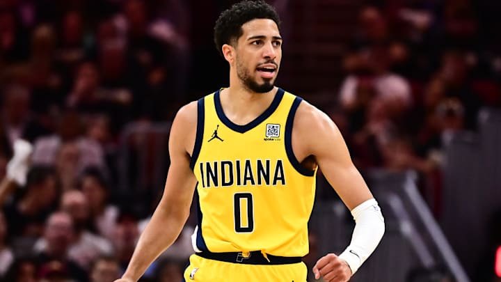 May 13, 2025; Cleveland, Ohio, USA; Indiana Pacers guard Tyrese Haliburton (0) celebrates during the second half against the Cleveland Cavaliers in game five of the second round for the 2025 NBA Playoffs at Rocket Arena. Mandatory Credit: Ken Blaze-Imagn Images May 13, 2025; Cleveland, Ohio, USA; Indiana Pacers guard Tyrese Haliburton (0) celebrates during the second half against the Cleveland Cavaliers in game five of the second round for the 2025 NBA Playoffs at Rocket Arena. Mandatory Credit: Ken Blaze-Imagn Images