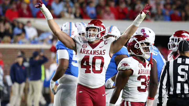 Oct 7, 2023; Oxford, Mississippi, USA; Arkansas Razorbacks defensive linemen Landon Jackson (40) reacts after a made field goal during the first half against the Mississippi Rebels at Vaught-Hemingway Stadium. Mandatory Credit: Petre Thomas-Imagn Images