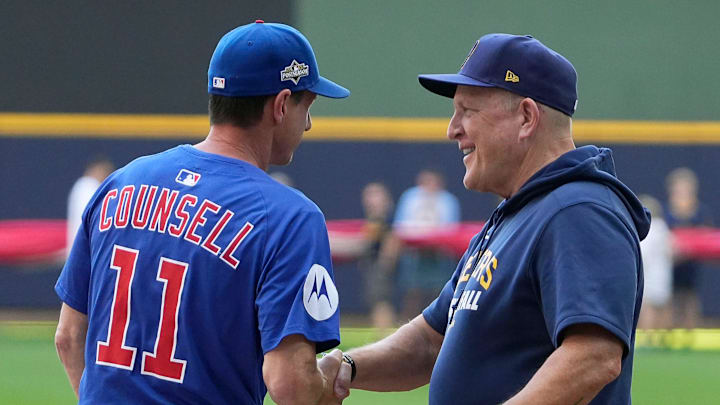 Chicago Cubs manager Craig Counsell (11) and Milwaukee Brewers manager Pat Murphy (49) shake hands before the National League Division Series game on Saturday October 4, 2025 at American Family Field in Milwaukee, Wisconsin.