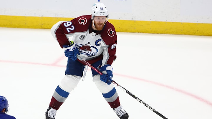Jun 22, 2022; Tampa, Florida, USA; Colorado Avalanche left wing Gabriel Landeskog (92) against the Tampa Bay Lightning during game four of the 2022 Stanley Cup Final at Amalie Arena. Mandatory Credit: Mark J. Rebilas-Imagn Images Jun 22, 2022; Tampa, Florida, USA; Colorado Avalanche left wing Gabriel Landeskog (92) against the Tampa Bay Lightning during game four of the 2022 Stanley Cup Final at Amalie Arena. Mandatory Credit: Mark J. Rebilas-Imagn Images