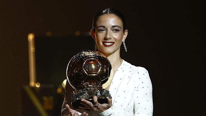 [US, Mexico & Canada customers only] Oct 28, 2024; Paris, FRANCE;  Spain and FC Barcelona player Aitana Bonmati with the Ballon d'Or at Theatre du Chatelet. Mandatory Credit: Sarah Meyssonnier/Reuters via USA TODAY Sports