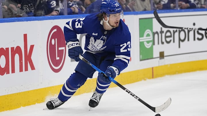 May 14, 2025; Toronto, Ontario, CAN; Toronto Maple Leafs forward Matthew Knies (23) carries the puck against the Florida Panthers during the first period of game five of the second round of the 2025 Stanley Cup Playoffs at Scotiabank Arena. Mandatory Credit: John E. Sokolowski-Imagn Images May 14, 2025; Toronto, Ontario, CAN; Toronto Maple Leafs forward Matthew Knies (23) carries the puck against the Florida Panthers during the first period of game five of the second round of the 2025 Stanley Cup Playoffs at Scotiabank Arena. Mandatory Credit: John E. Sokolowski-Imagn Images