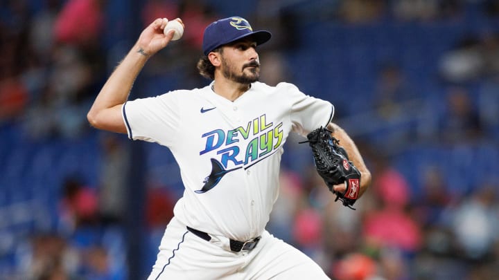 Jun 28, 2024; St. Petersburg, Florida, USA; Tampa Bay Rays pitcher Zach Eflin (24) throws a pitch against the Washington Nationals in the first inning at Tropicana Field Jun 28, 2024; St. Petersburg, Florida, USA; Tampa Bay Rays pitcher Zach Eflin (24) throws a pitch against the Washington Nationals in the first inning at Tropicana Field