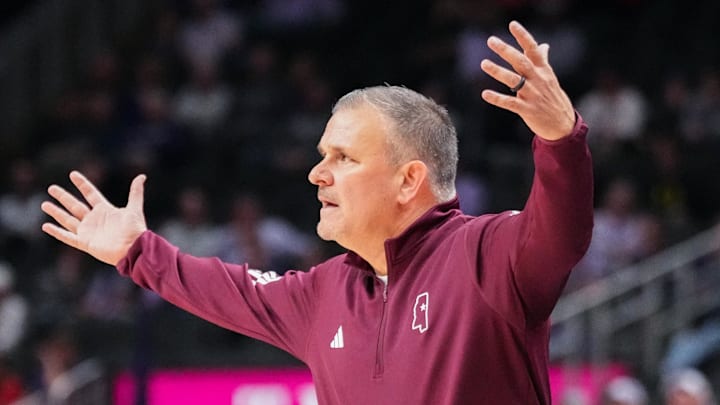 Mississippi State Bulldogs head coach Chris Jans reacts to play against the Kansas State Wildcats during the first half of the game at T-Mobile Center. 