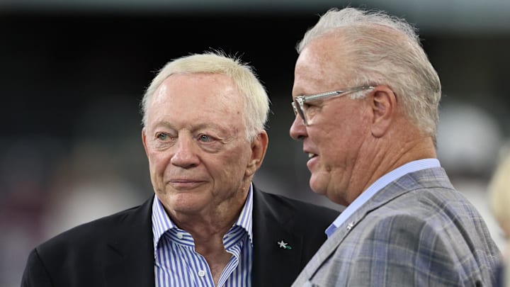 Dallas Cowboys owner Jerry Jones with son Stephen Jones before a preseason NFL game against the Houston Texans.