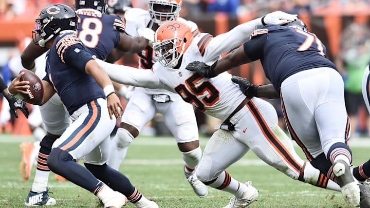 Myles Garrett fends off a block to get to Justin Fields. The Bears haven't had good success in three past games stopping the NFL sacks leader. Myles Garrett fends off a block to get to Justin Fields. The Bears haven't had good success in three past games stopping the NFL sacks leader.
