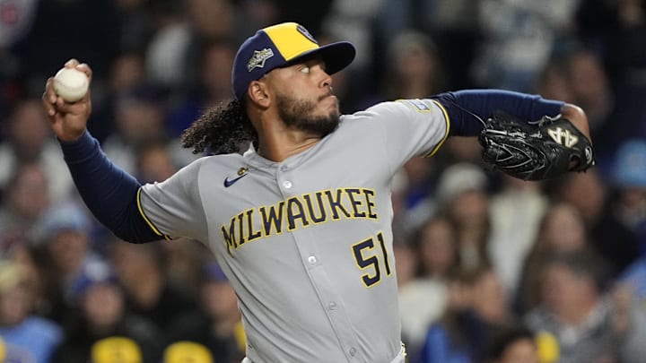 Oct 9, 2025; Chicago, Illinois, USA; Milwaukee Brewers pitcher Freddy Peralta (51) throws pitch against the Chicago Cubs during the first inning for game four of the NLDS round for the 2025 MLB playoffs at Wrigley Field. Mandatory Credit: David Banks-Imagn Images Oct 9, 2025; Chicago, Illinois, USA; Milwaukee Brewers pitcher Freddy Peralta (51) throws pitch against the Chicago Cubs during the first inning for game four of the NLDS round for the 2025 MLB playoffs at Wrigley Field. Mandatory Credit: David Banks-Imagn Images