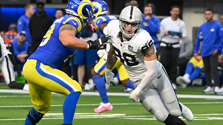 Oct 20, 2024; Inglewood, California, USA; Las Vegas Raiders defensive end Maxx Crosby (98) during the third quarter against the Los Angeles Rams at SoFi Stadium. Mandatory Credit: Robert Hanashiro-Imagn Images