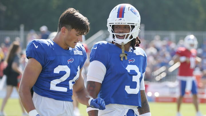 Bills defensive back Cole Bishop talks with Damar Hamlin between drills during day six of Buffalo Bills training camp at St. John Fisher University Tuesday, July 29, 2025 in Pittsford, NY.