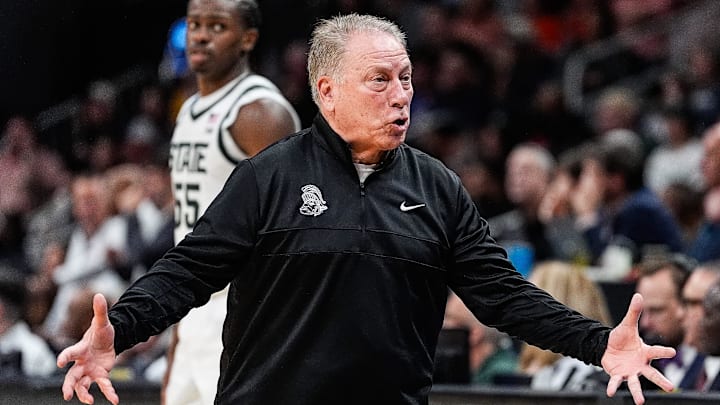 Michigan State head coach Tom Izzo reacts to a play against Ole Miss during the second half of the Sweet 16 round of NCAA tournament at State Farm Arena in Atlanta, Ga. on Friday, March 28, 2025.