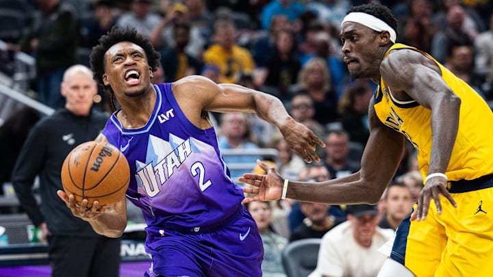 Apr 4, 2025; Indianapolis, Indiana, USA; Utah Jazz guard Collin Sexton (2) dribbles the ball while Indiana Pacers forward Pascal Siakam (43) defends in the first half at Gainbridge Fieldhouse. Mandatory Credit: Trevor Ruszkowski-Imagn Images