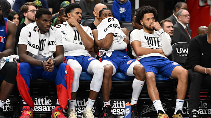 Nov 1, 2024; Detroit, Michigan, USA; Detroit Pistons players, from left, center Jalen Duren, forward Tobias Harris, guard Jaden Ivey and  guard Cade Cunningham react to their 30-point loss to the New York Knicks late in the fourth quarter at Little Caesars Arena. Mandatory Credit: Lon Horwedel-Imagn Images
