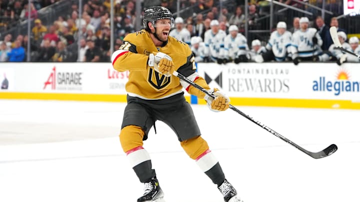 Mar 19, 2026; Las Vegas, Nevada, USA; Vegas Golden Knights defenseman Shea Theodore (27) reacts after a shot against the Utah Mammoth is deflected out of play during the second period at T-Mobile Arena. Mandatory Credit: Stephen R. Sylvanie-Imagn Images Mar 19, 2026; Las Vegas, Nevada, USA; Vegas Golden Knights defenseman Shea Theodore (27) reacts after a shot against the Utah Mammoth is deflected out of play during the second period at T-Mobile Arena. Mandatory Credit: Stephen R. Sylvanie-Imagn Images