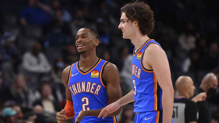 Dec 20, 2021; Memphis, Tennessee, USA; Oklahoma City Thunder guard Shai Gilgeous-Alexander (2) and Oklahoma City Thunder guard Josh Giddey (3) react during the second half against the Memphis Grizzlies at FedExForum. Mandatory Credit: Justin Ford-Imagn Images